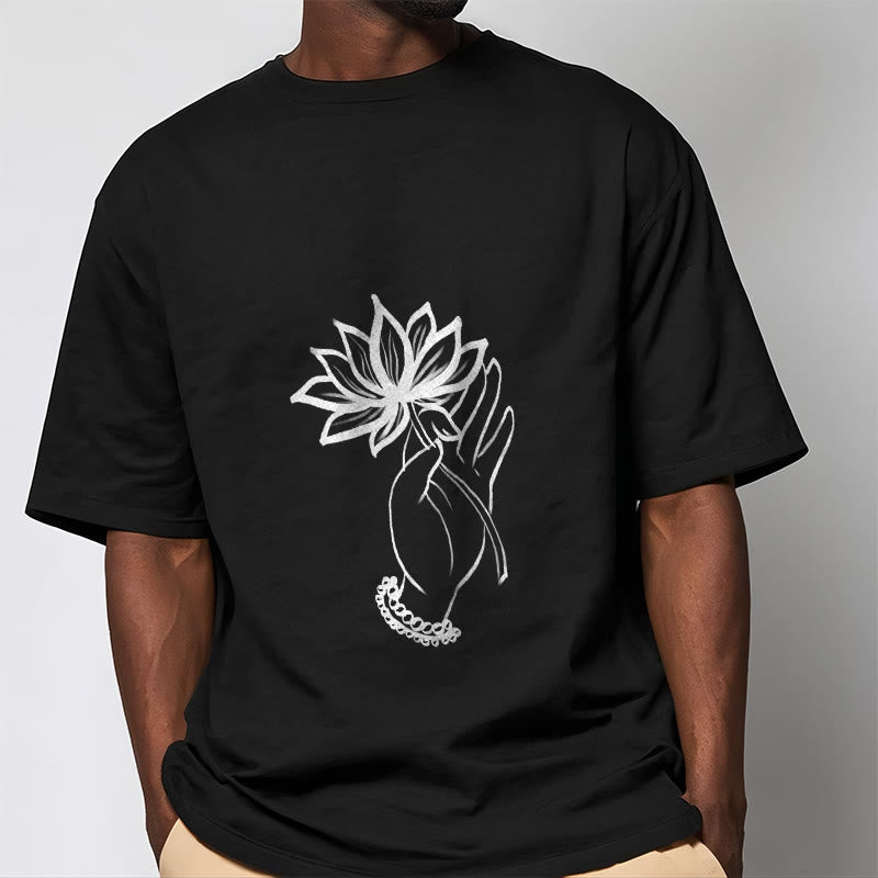 Buddha Stones Casual Hand Holding Lotus Flower Pattern Cotton Tee T-shirt - image 1