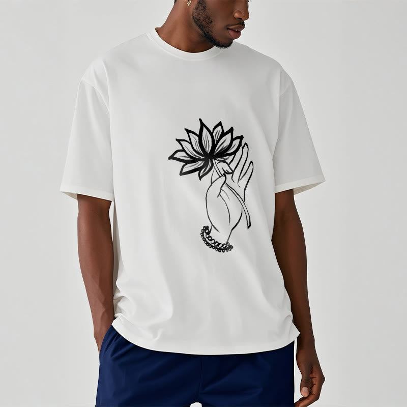Buddha Stones Casual Hand Holding Lotus Flower Pattern Cotton Tee T-shirt - image 6