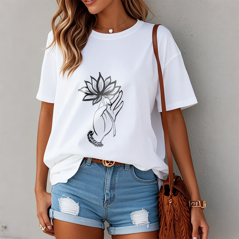 Buddha Stones Casual Hand Holding Lotus Flower Pattern Cotton Tee T-shirt - image 7