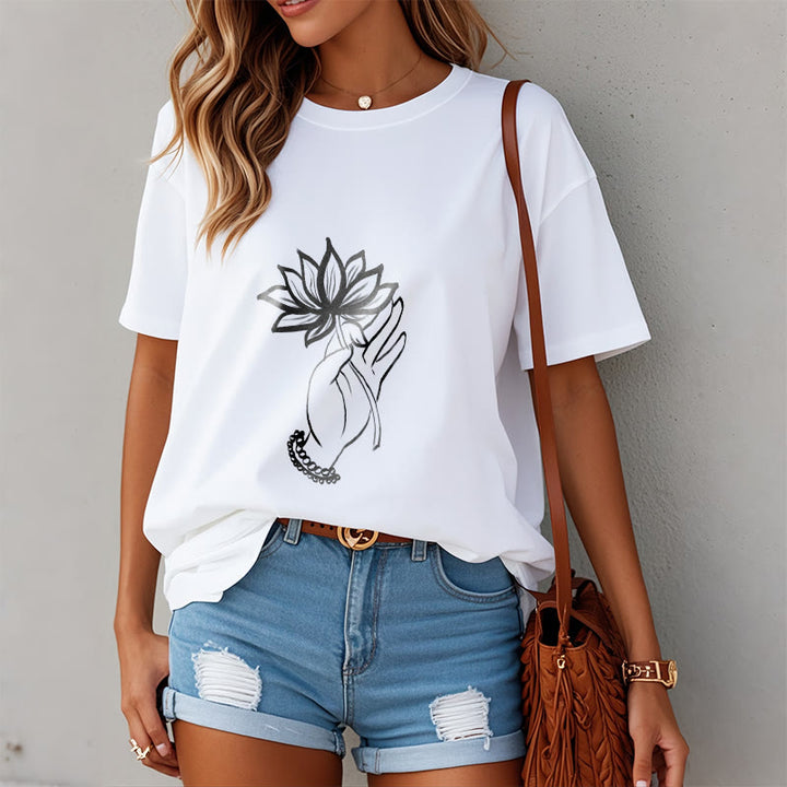 Buddha Stones Casual Hand Holding Lotus Flower Pattern Cotton Tee T-shirt - image 7