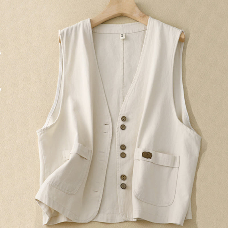 Buddha Stones Solid Color Front Buttons Sleeveless Women's Cotton Waistcoat With Pockets - Beige - US8-10，UK/AU12-14，EU40-42 (2XL) - image 13