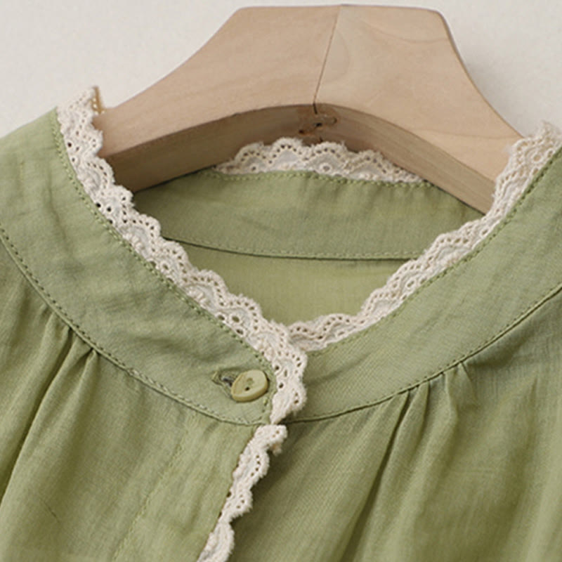 Buddha Stones Pure Color Lace Design Long Lantern Sleeve Women's Cotton Linen Shirt - image 2