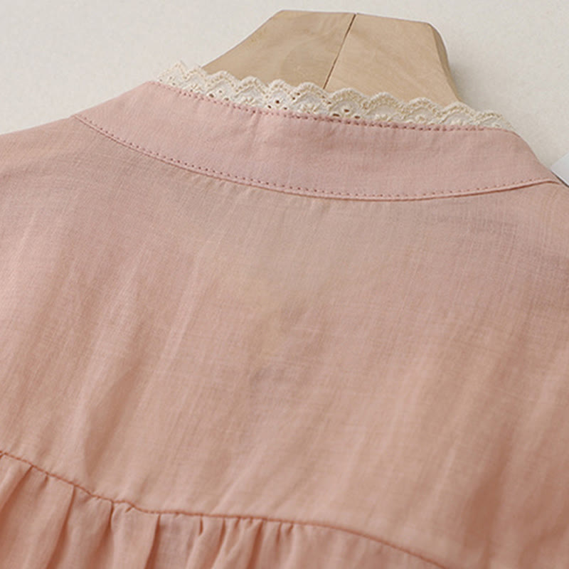 Buddha Stones Pure Color Lace Design Long Lantern Sleeve Women's Cotton Linen Shirt - image 14