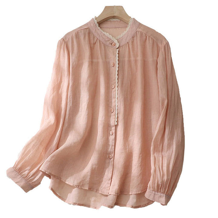 Buddha Stones Pure Color Lace Design Long Lantern Sleeve Women's Cotton Linen Shirt - LightSalmon - US14，UK/AU18，EU46 (2XL) - image 10