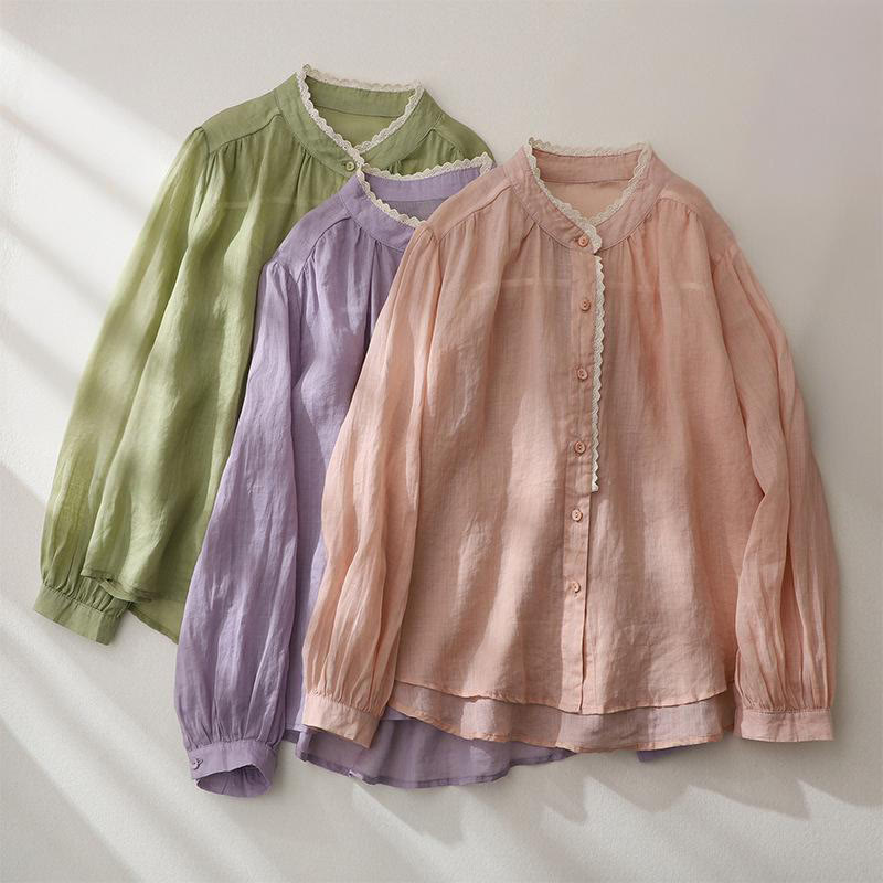 Buddha Stones Pure Color Lace Design Long Lantern Sleeve Women's Cotton Linen Shirt - image 19