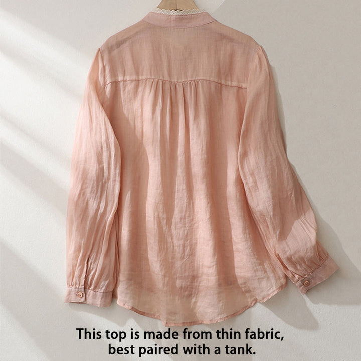 Buddha Stones Pure Color Lace Design Long Lantern Sleeve Women's Cotton Linen Shirt - image 11