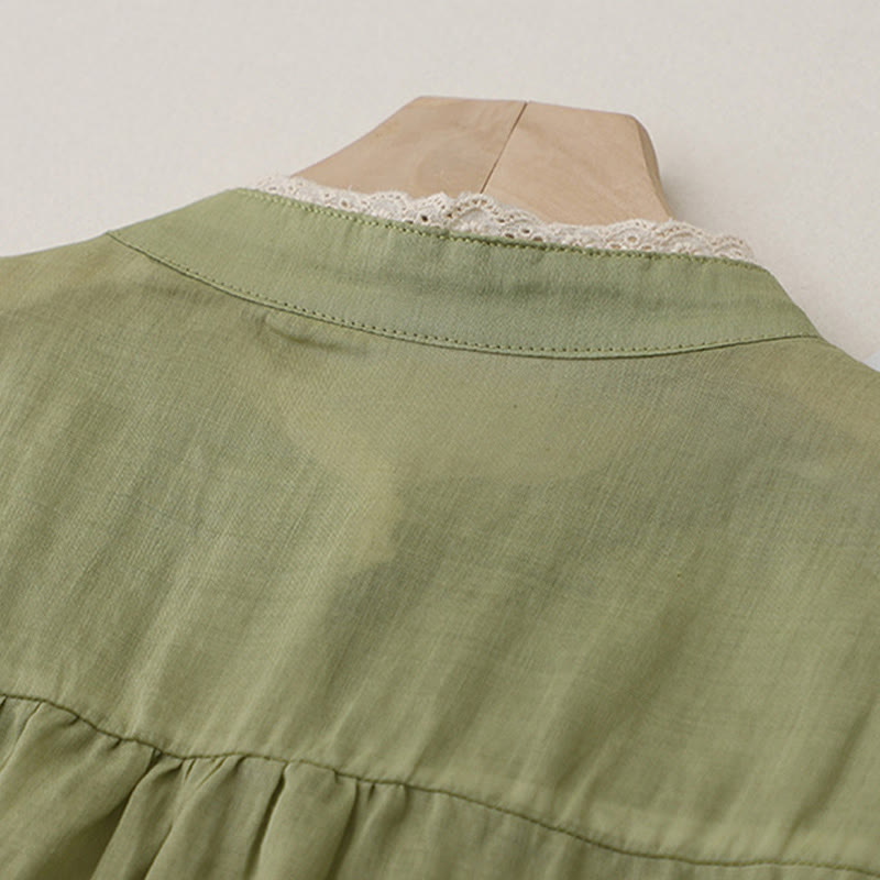 Buddha Stones Pure Color Lace Design Long Lantern Sleeve Women's Cotton Linen Shirt - image 3