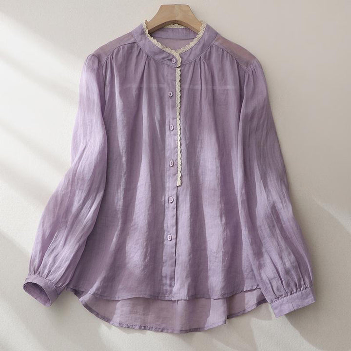 Buddha Stones Pure Color Lace Design Long Lantern Sleeve Women's Cotton Linen Shirt - Plum - US14，UK/AU18，EU46 (2XL) - image 9