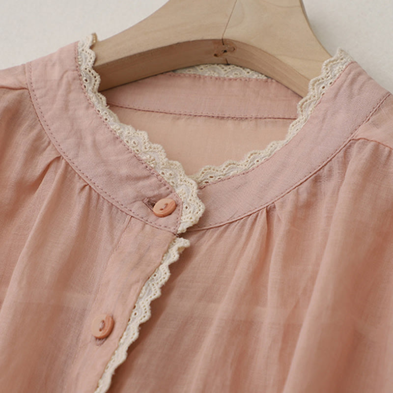 Buddha Stones Pure Color Lace Design Long Lantern Sleeve Women's Cotton Linen Shirt - image 12