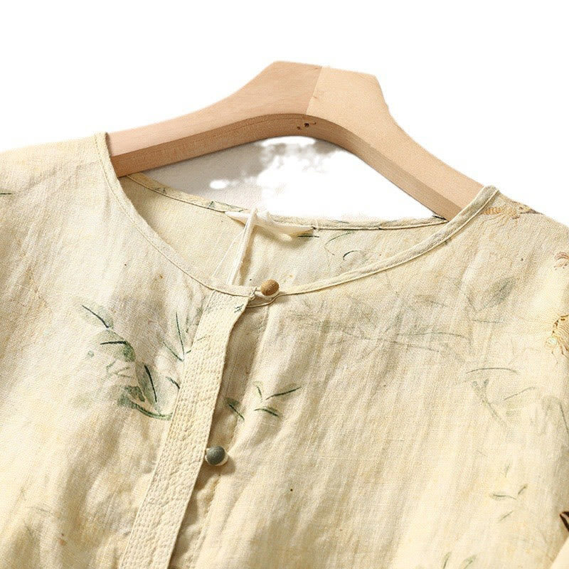 Buddha Stones Commute Chinese Frog-Button Long Lantern Sleeve Women's Cotton Linen Shirt - image 3