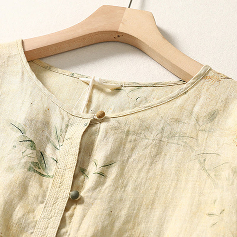 Buddha Stones Commute Chinese Frog-Button Long Lantern Sleeve Women's Cotton Linen Shirt - image 2