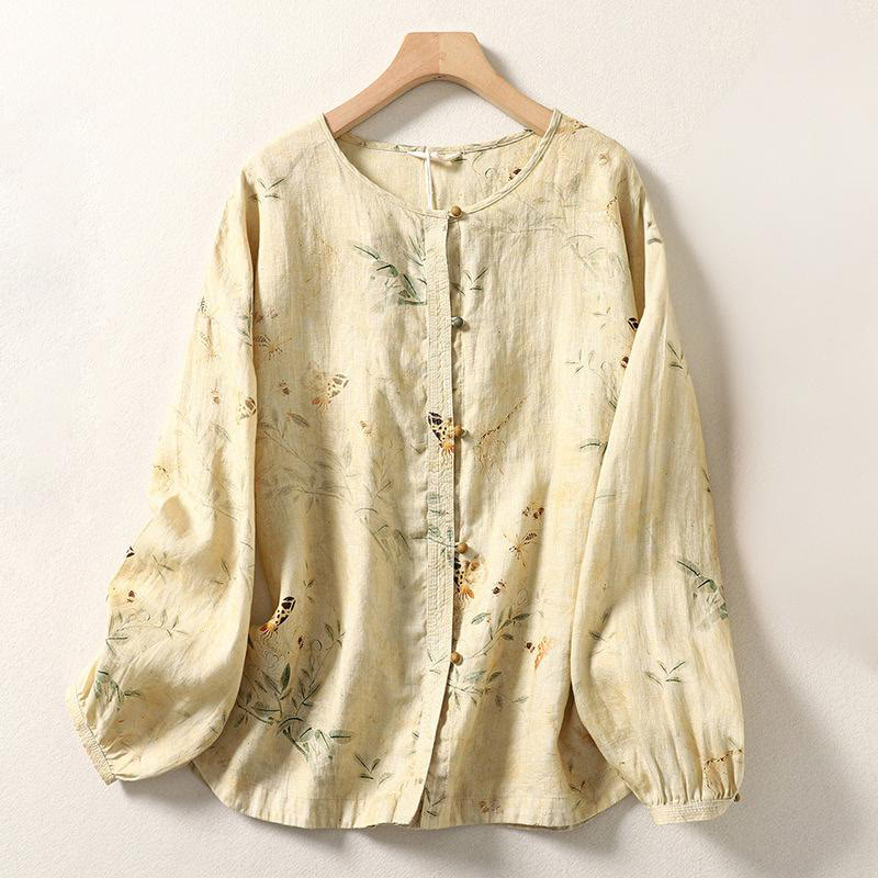 Buddha Stones Commute Chinese Frog-Button Long Lantern Sleeve Women's Cotton Linen Shirt - LemonChiffon - US12，UK/AU16，EU44 (2XL) - image 0