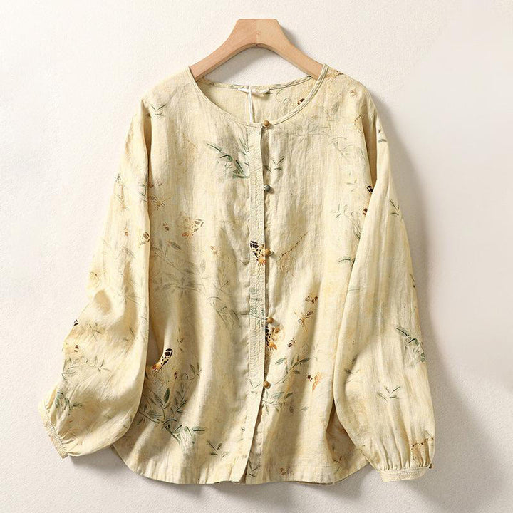 Buddha Stones Commute Chinese Frog-Button Long Lantern Sleeve Women's Cotton Linen Shirt - LemonChiffon - US12，UK/AU16，EU44 (2XL) - image 0