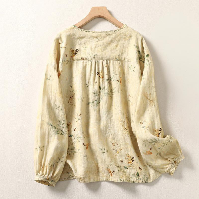 Buddha Stones Commute Chinese Frog-Button Long Lantern Sleeve Women's Cotton Linen Shirt - image 1