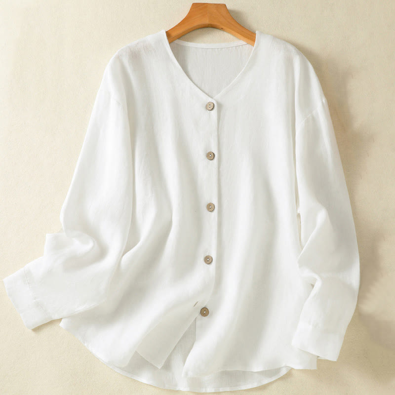 Buddha Stones Spring Plain Buttons Design V-Neck Long Sleeve Women's Cotton Linen Shirt - White - US14，UK/AU18，EU46 (2XL) - image 9