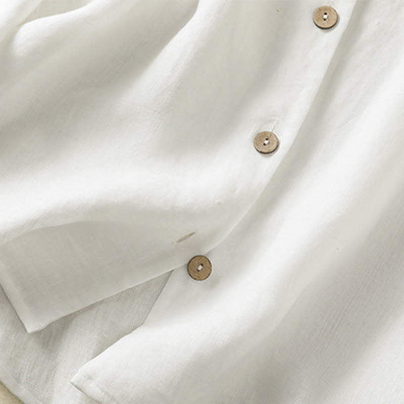 Buddha Stones Spring Plain Buttons Design V-Neck Long Sleeve Women's Cotton Linen Shirt - image 15