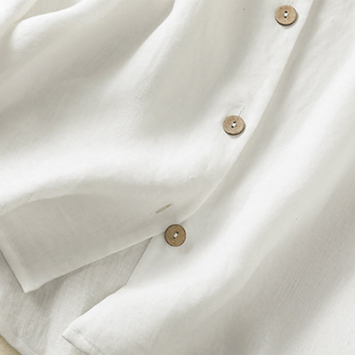 Buddha Stones Spring Plain Buttons Design V-Neck Long Sleeve Women's Cotton Linen Shirt - image 15