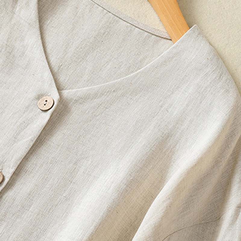 Buddha Stones Spring Plain Buttons Design V-Neck Long Sleeve Women's Cotton Linen Shirt - image 3