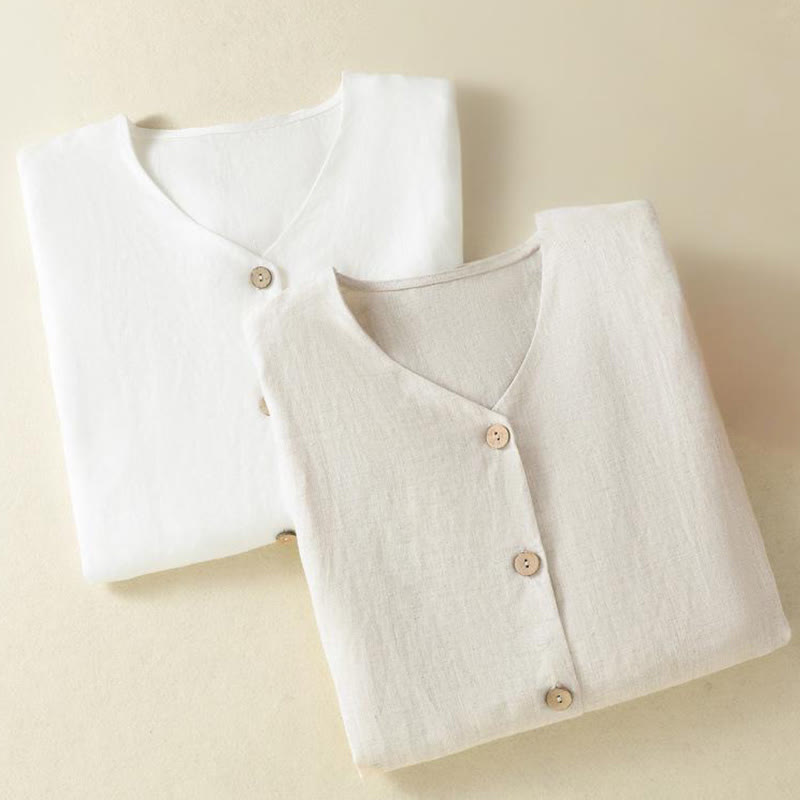 Buddha Stones Spring Plain Buttons Design V-Neck Long Sleeve Women's Cotton Linen Shirt - image 19
