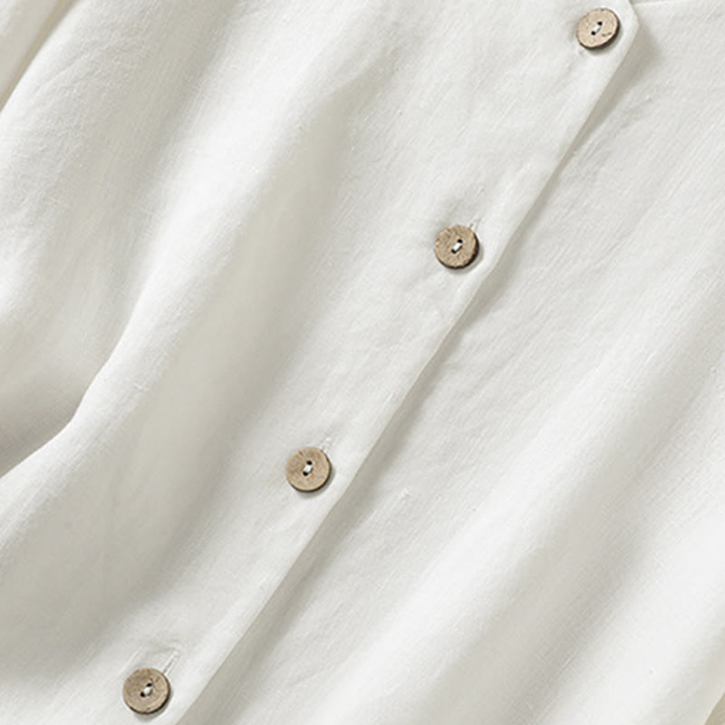 Buddha Stones Spring Plain Buttons Design V-Neck Long Sleeve Women's Cotton Linen Shirt - image 14