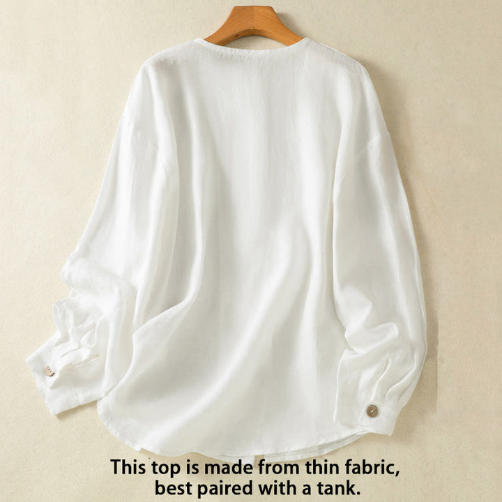 Buddha Stones Spring Plain Buttons Design V-Neck Long Sleeve Women's Cotton Linen Shirt - image 10