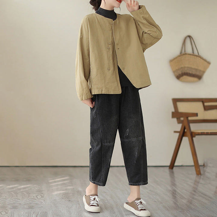 Buddha Stones Spring Plain Asymmetry Design Long Sleeve Women's Cotton Linen Jacket With Pockets - image 4