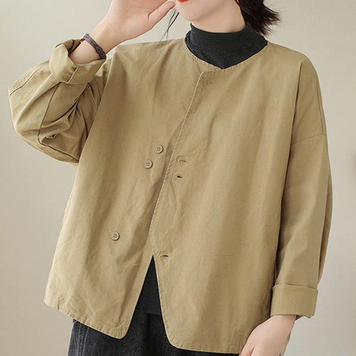 Buddha Stones Spring Plain Asymmetry Design Long Sleeve Women's Cotton Linen Jacket With Pockets - PaleGoldenrod - US12，UK/AU16，EU44 (2XL) - image 0
