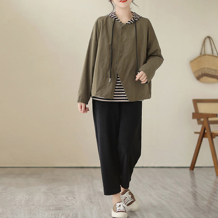 Buddha Stones Spring Plain Asymmetry Design Long Sleeve Women's Cotton Linen Jacket With Pockets - image 16