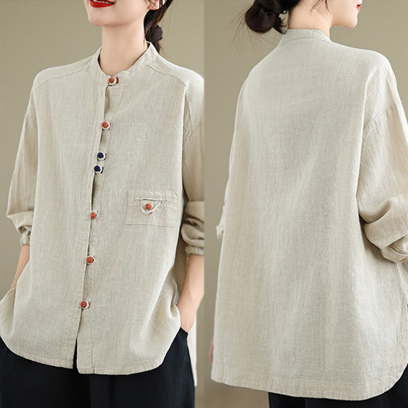 Buddha Stones Colorful Buttons Design Long Sleeve Women's Cotton Linen Shirt - image 4
