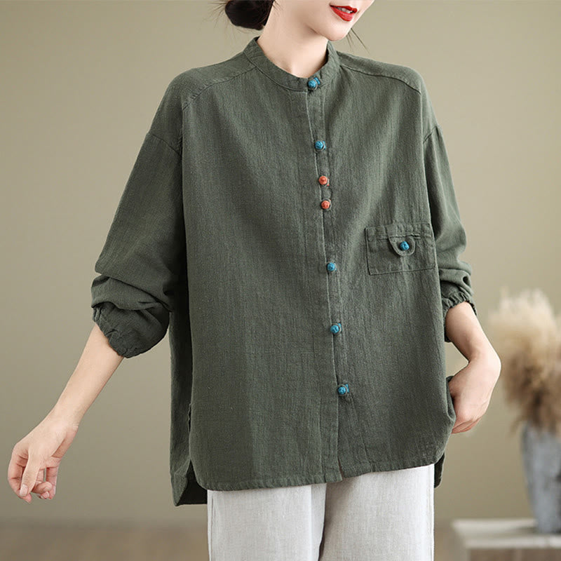 Buddha Stones Colorful Buttons Design Long Sleeve Women's Cotton Linen Shirt - DarkOliveGreen - US14，UK/AU18，EU46 (2XL) - image 6