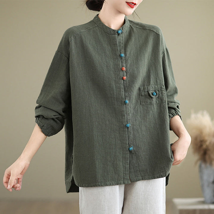 Buddha Stones Colorful Buttons Design Long Sleeve Women's Cotton Linen Shirt - DarkOliveGreen - US14，UK/AU18，EU46 (2XL) - image 6
