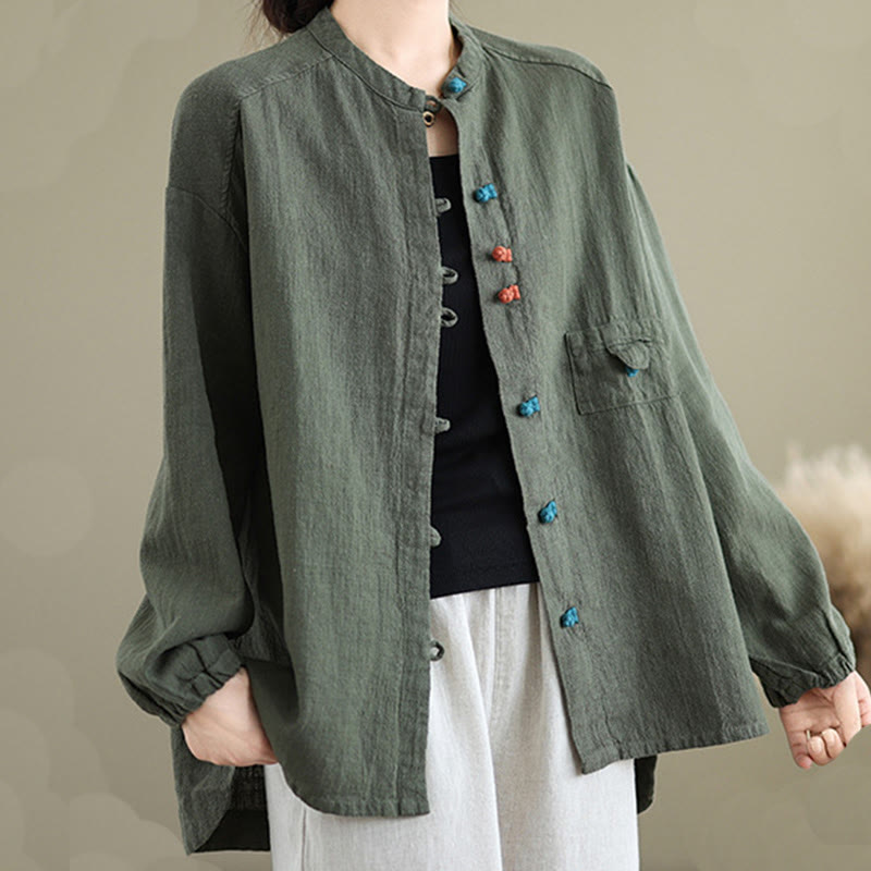 Buddha Stones Colorful Buttons Design Long Sleeve Women's Cotton Linen Shirt - image 7