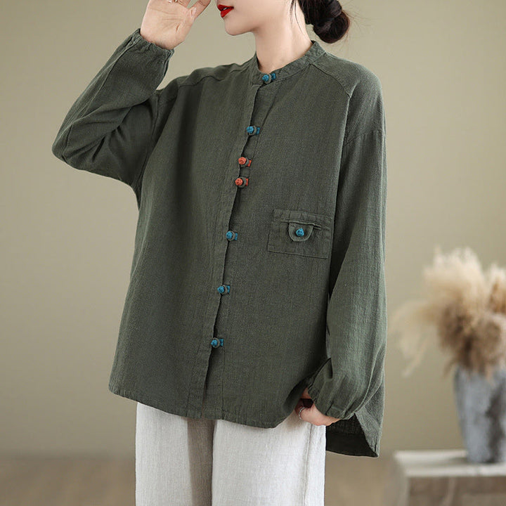 Buddha Stones Colorful Buttons Design Long Sleeve Women's Cotton Linen Shirt - image 8