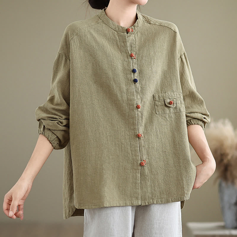 Buddha Stones Colorful Buttons Design Long Sleeve Women's Cotton Linen Shirt - image 16