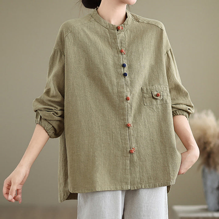 Buddha Stones Colorful Buttons Design Long Sleeve Women's Cotton Linen Shirt - image 16