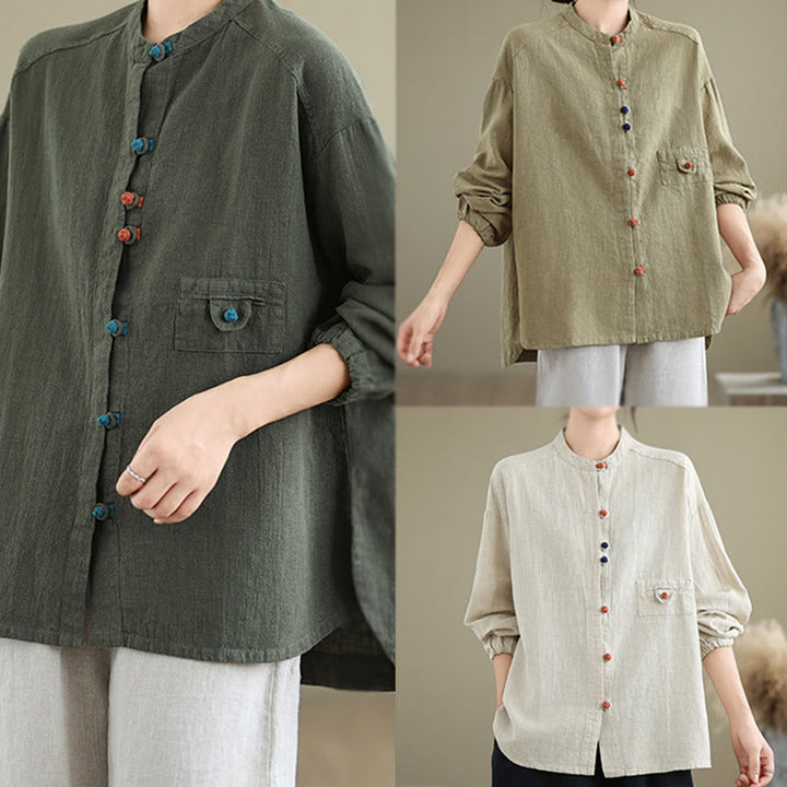Buddha Stones Colorful Buttons Design Long Sleeve Women's Cotton Linen Shirt - image 20
