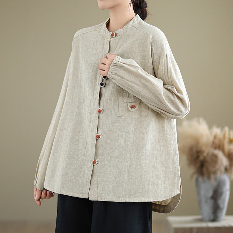 Buddha Stones Colorful Buttons Design Long Sleeve Women's Cotton Linen Shirt - image 2