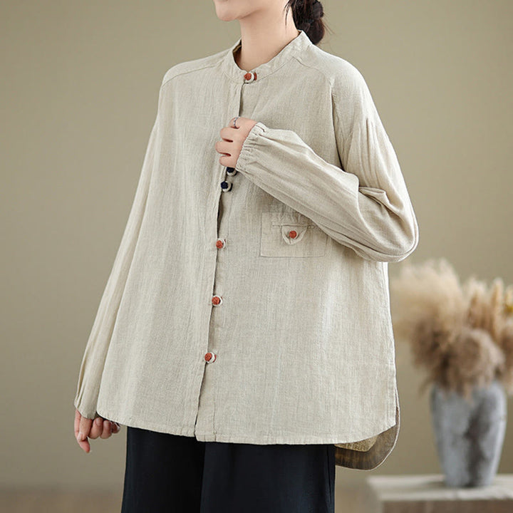 Buddha Stones Colorful Buttons Design Long Sleeve Women's Cotton Linen Shirt - image 2