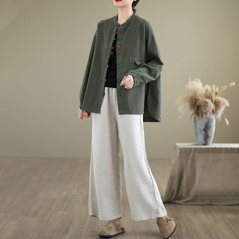 Buddha Stones Colorful Buttons Design Long Sleeve Women's Cotton Linen Shirt - image 11