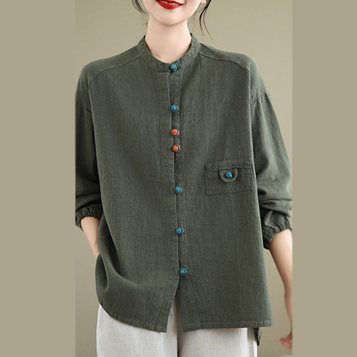 Buddha Stones Colorful Buttons Design Long Sleeve Women's Cotton Linen Shirt - image 10