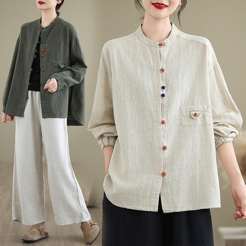 Buddha Stones Colorful Buttons Design Long Sleeve Women's Cotton Linen Shirt - image 21