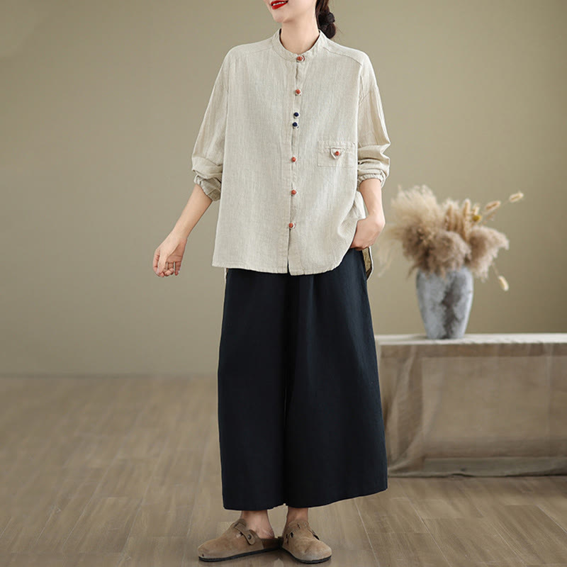 Buddha Stones Colorful Buttons Design Long Sleeve Women's Cotton Linen Shirt - image 5