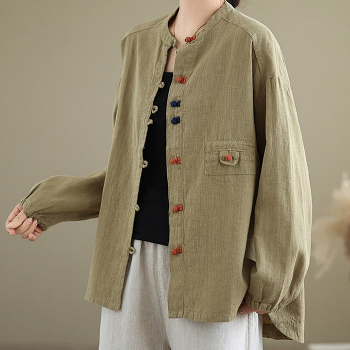Buddha Stones Colorful Buttons Design Long Sleeve Women's Cotton Linen Shirt - image 15