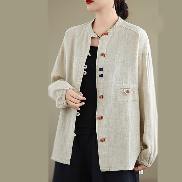 Buddha Stones Colorful Buttons Design Long Sleeve Women's Cotton Linen Shirt - image 3