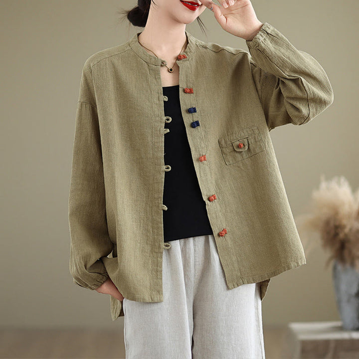 Buddha Stones Colorful Buttons Design Long Sleeve Women's Cotton Linen Shirt - DarkKhaki - US14，UK/AU18，EU46 (2XL) - image 14
