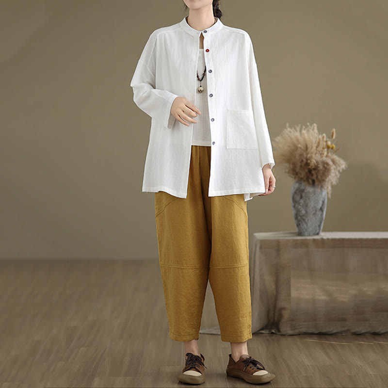 Buddha Stones Commute Pure Color Long Sleeve Women's Cotton Linen Shirt With Pocket - image 15