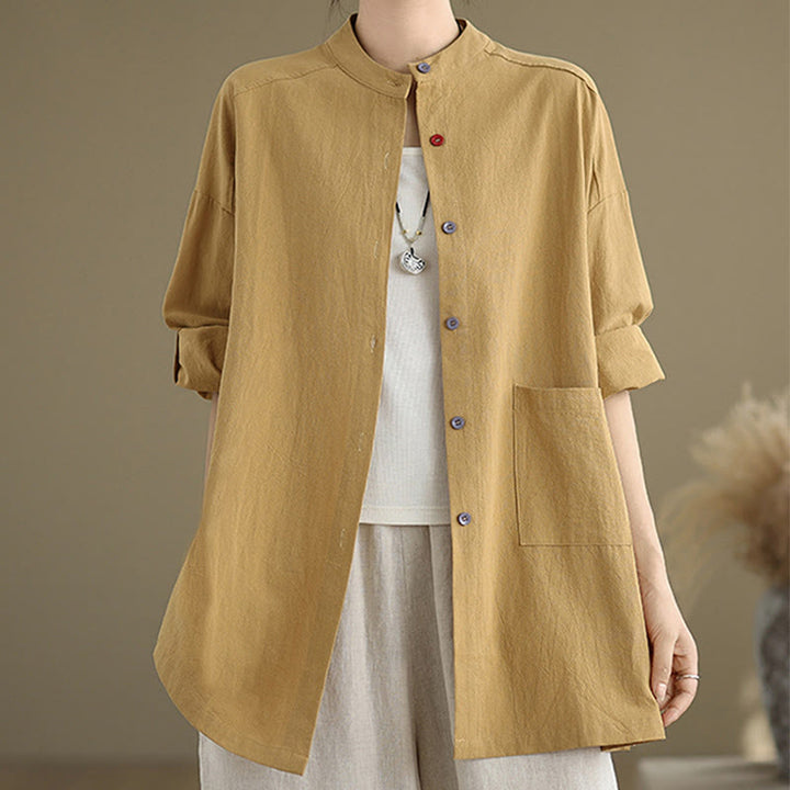 Buddha Stones Commute Pure Color Long Sleeve Women's Cotton Linen Shirt With Pocket - image 4
