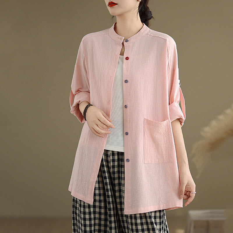 Buddha Stones Commute Pure Color Long Sleeve Women's Cotton Linen Shirt With Pocket - image 18