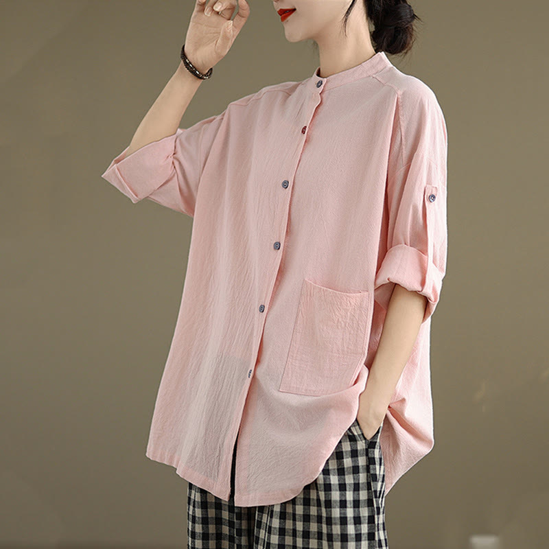 Buddha Stones Commute Pure Color Long Sleeve Women's Cotton Linen Shirt With Pocket - image 19