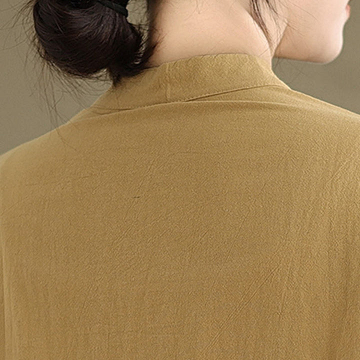 Buddha Stones Commute Pure Color Long Sleeve Women's Cotton Linen Shirt With Pocket - image 7